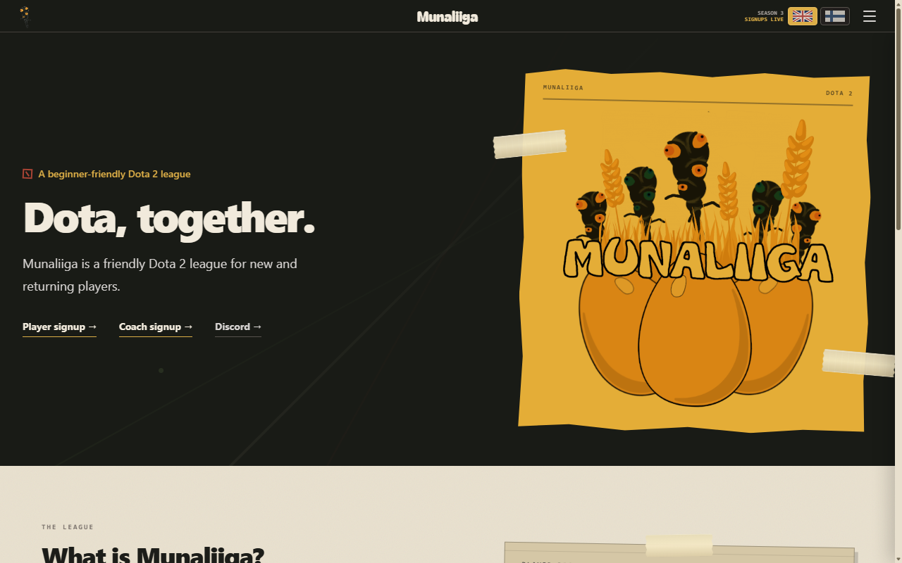 Munaliiga homepage with its Dota, together introduction