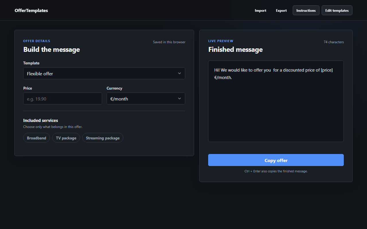 OfferTemplates browser interface with template editor and preview